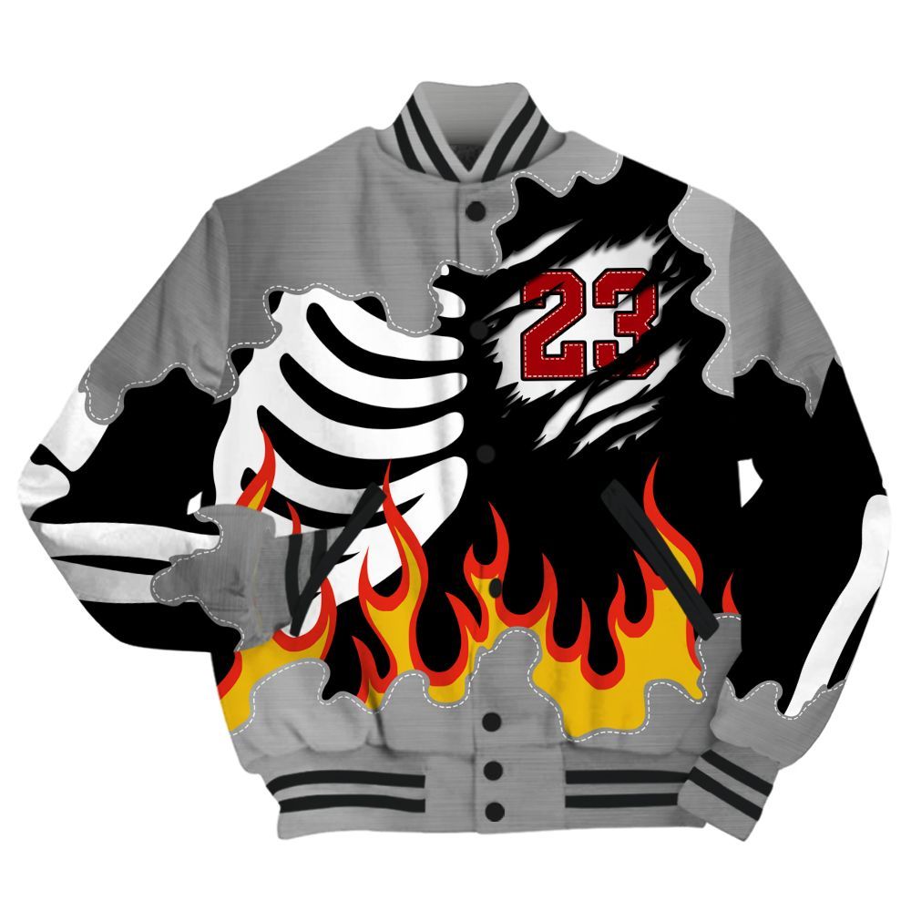 Varsity Jacket To Match Metallic Silver 14s - Burning Skeleton 23 G.O.A.T All Over Print