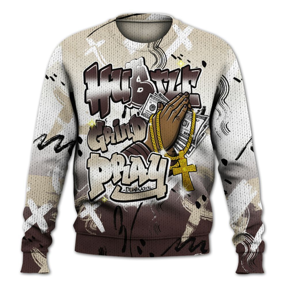 Knitted Sweater To Match Burgundy Crush 3s - Money Hustle Grind Pray