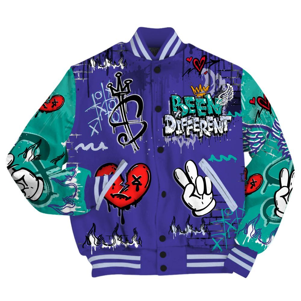 Varsity Jacket To Match Retro Grape 5s - Been Dif2erent Drip Graffiti All Over Print