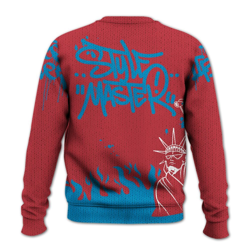 Knitted Sweater To Match High OG University Red Dark Powder Blue 1s - Graphic Fck Around Find Out