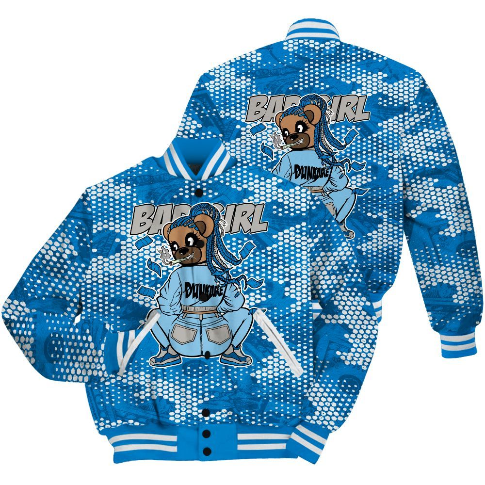 Varsity Jacket To Match Industrial Blue 4s Shirt - Rebellious Girl Bear Banknotes Art All Over Print