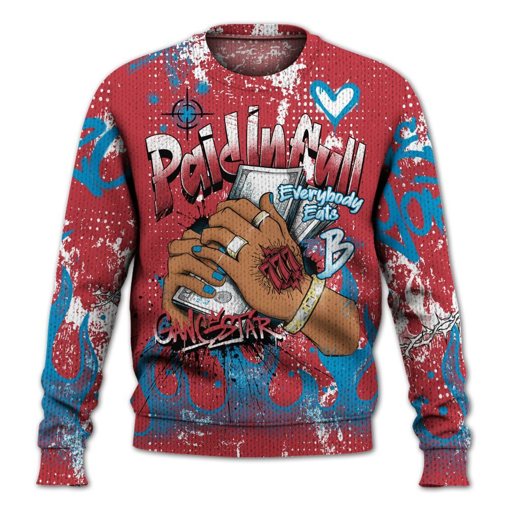 Knitted Sweater To Match High OG University Red Dark Powder Blue 1s - Lucky Money Paid In Full Graffiti