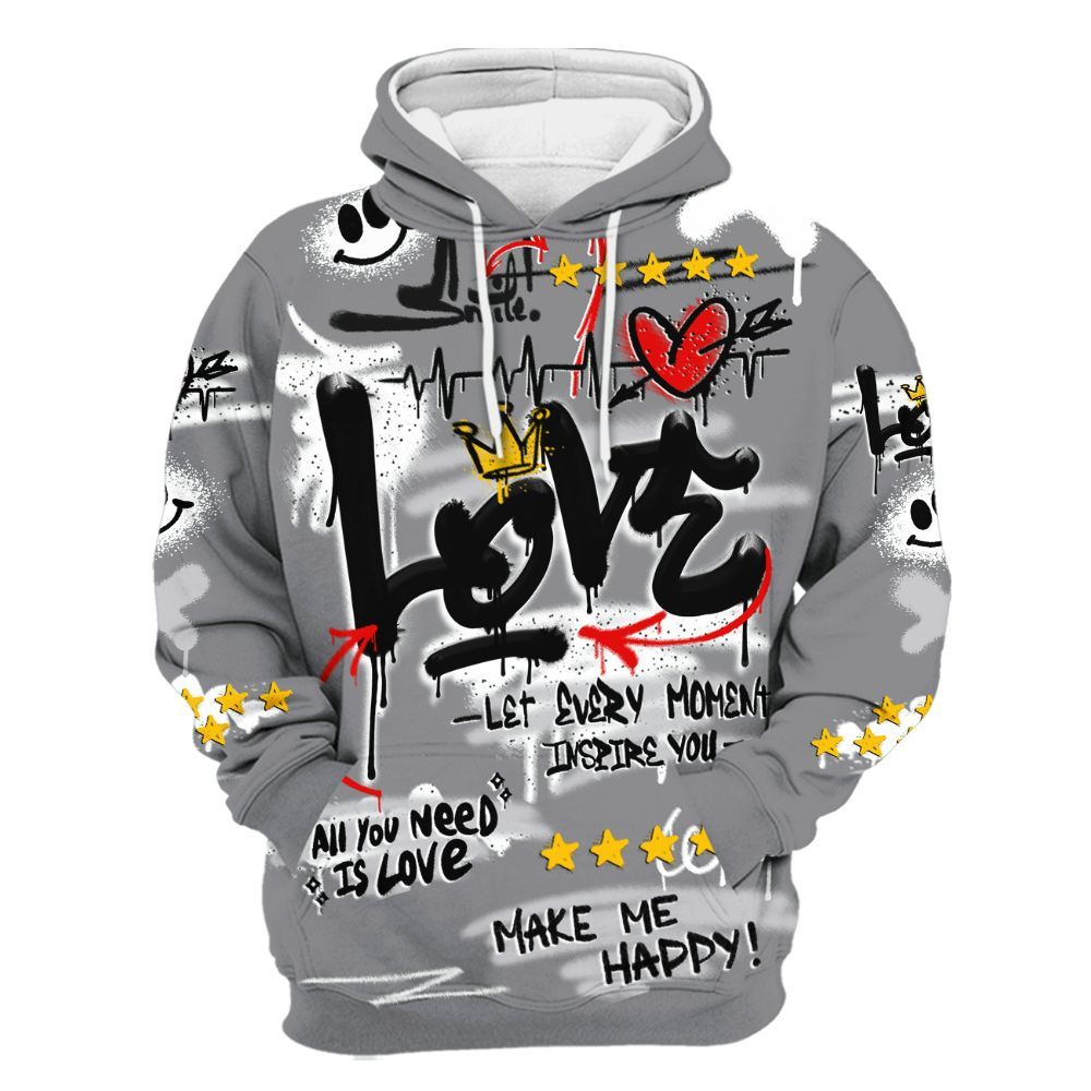 Hoodie To Match Retro Wolf Grey 5s - Happy Love Beats Graffiti Streetwear All Over Print