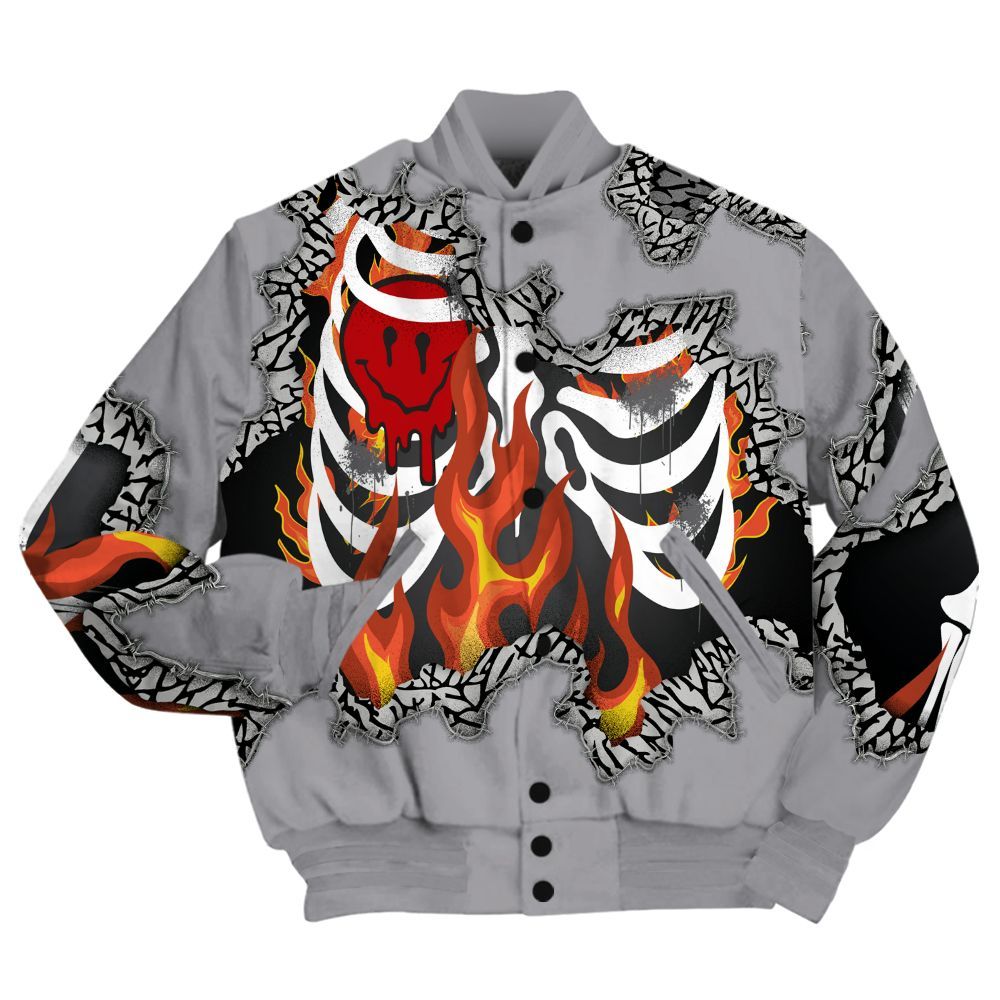 Varsity Jacket To Match Cement Grey 3s Shirt, Skeleton On Fire Skrrt All Over Print