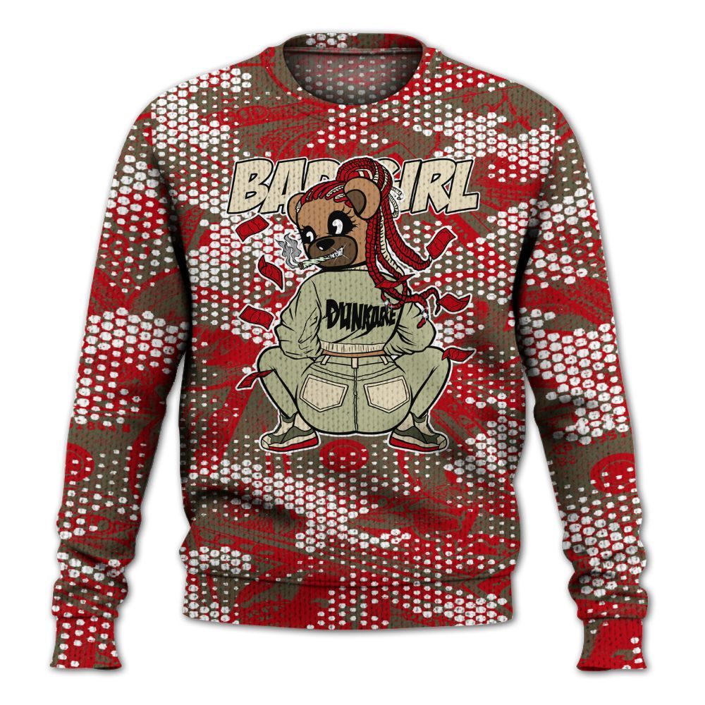 Knitted Sweater To Match Low OG Medium Olive 1s - Rebellious Girl Bear Banknotes Art