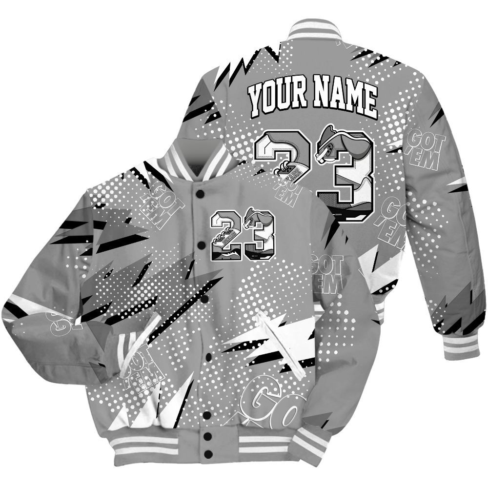 Varsity Jacket To Match Black Wolf Grey 12s Shirt, Custom Name Number 23 5s All Over Print