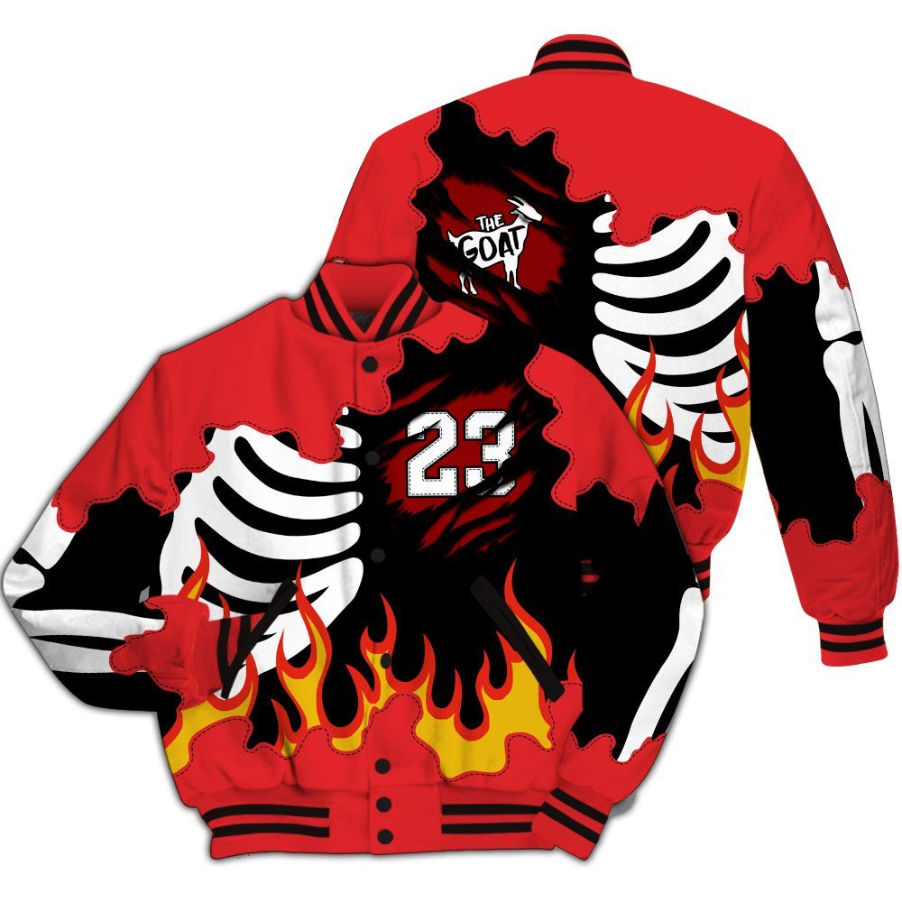 Varsity Jacket To Match Chile Red 9s - Burning Skeleton 23 G.O.A.T All Over Print