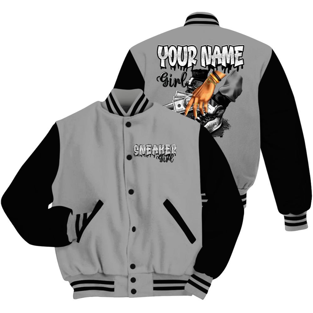 Varsity Jacket To Match Black Wolf Grey 12s - Custom Name Sneaker Girl Money All Over Print