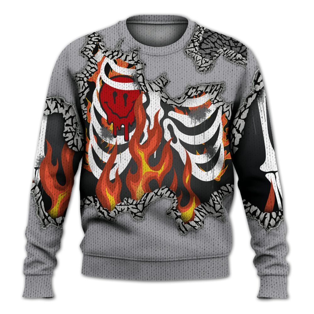 Knitted Sweater To Match Cement Grey 3s - Skeleton On Fire Skrrt