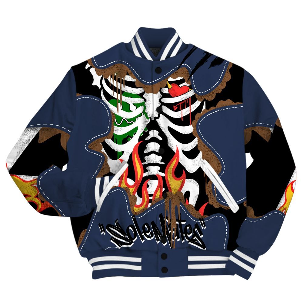Varsity Jacket To Match Midnight Navy 13s - Skeleton Burning Heart Drip All Over Print