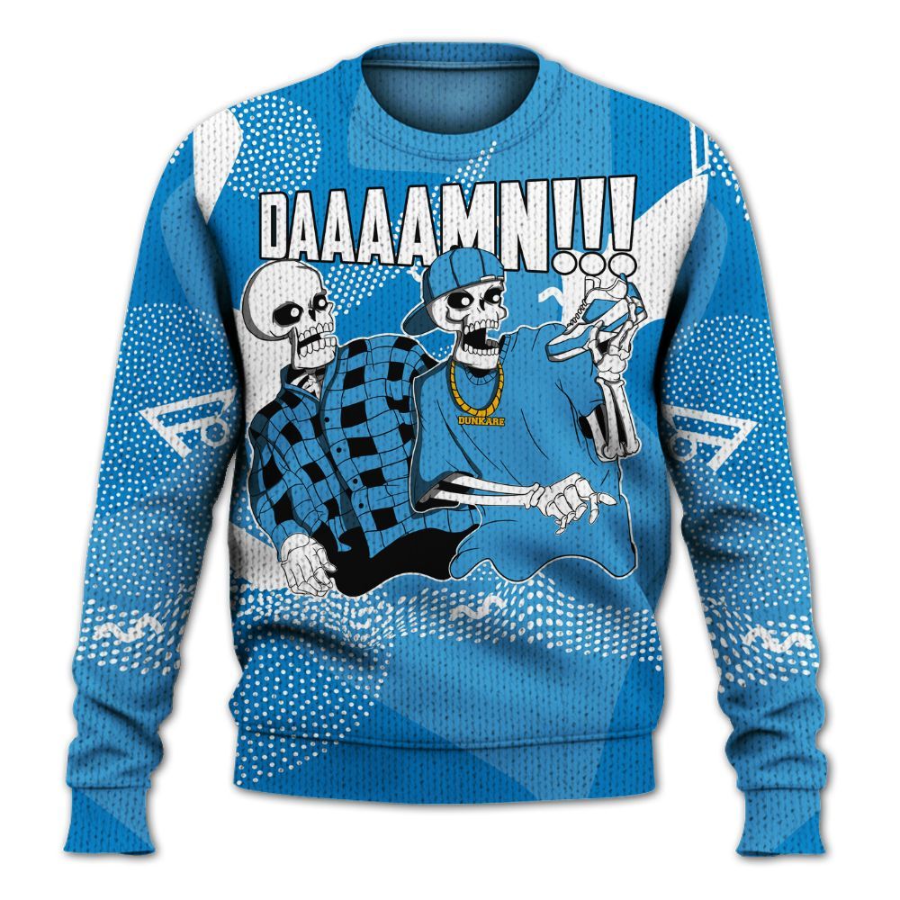 Knitted Sweater To Match Industrial Blue 4s - Graphic Meme Damnn Military Blue 4s Outfit