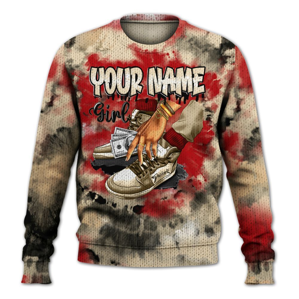 Knitted Sweater To Match Dunk Low Strawberry Waffle, Custom Name SNEAKER Girl Money Drip Tie Dye