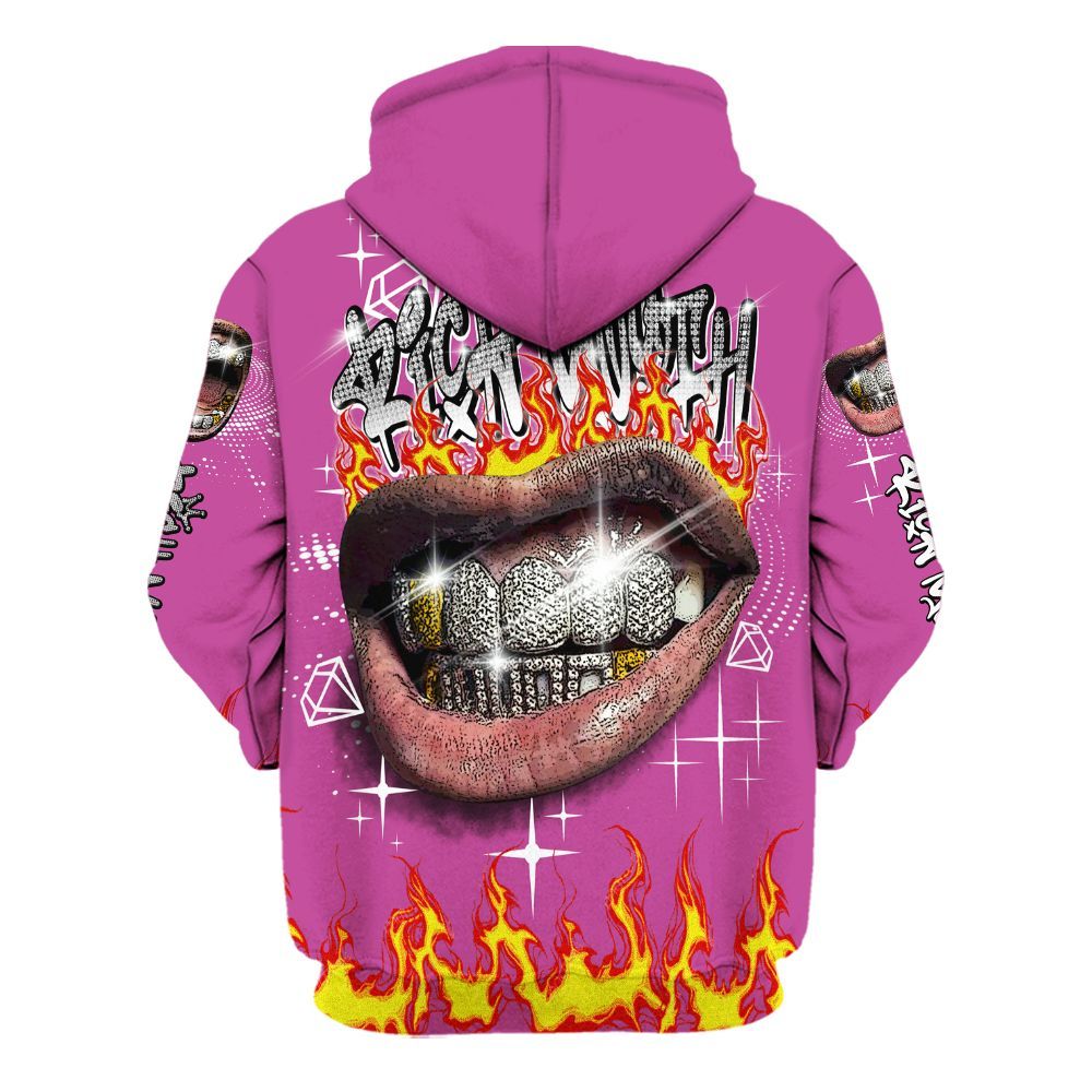 Hoodie To Match Dunk Low Active Fuchsia - Rich Mouth Fire Rap Retro 90s All Over Print
