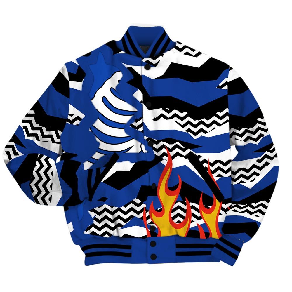 Varsity Jacket To Match Air Foamposite One Royal - Retro Geometric Camouflage Flame Baseball Varsity Jacket Outfit