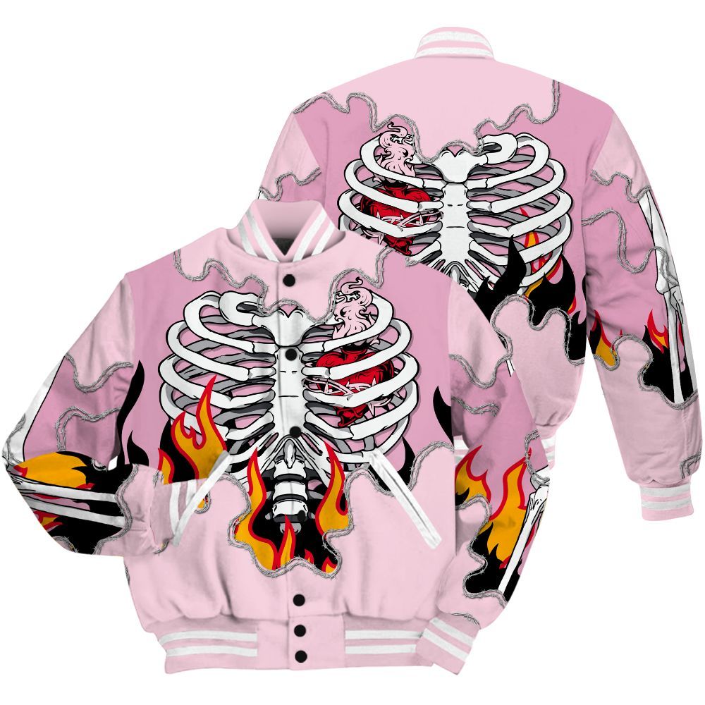 Varsity Jacket To Match Orchid 4s Shirt, Skeleton Heart On Fire All Over Print