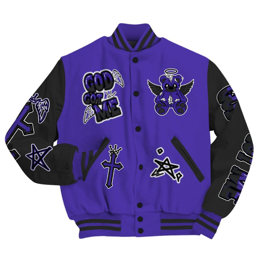 Varsity Jacket To Match Field Purple 12s - Gods Guides Me Bear All Over Print