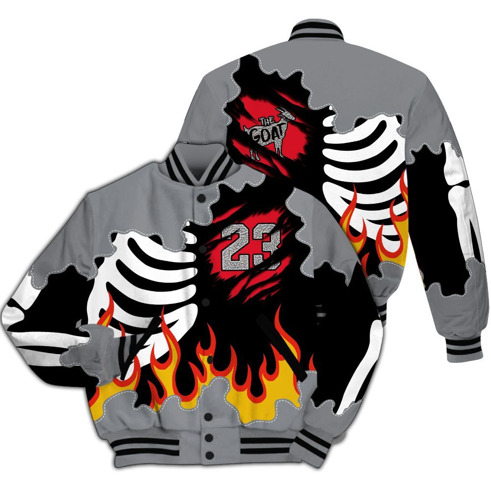 Varsity Jacket To Match Black Cement 3s - Burning Skeleton 23 G.O.A.T All Over Print