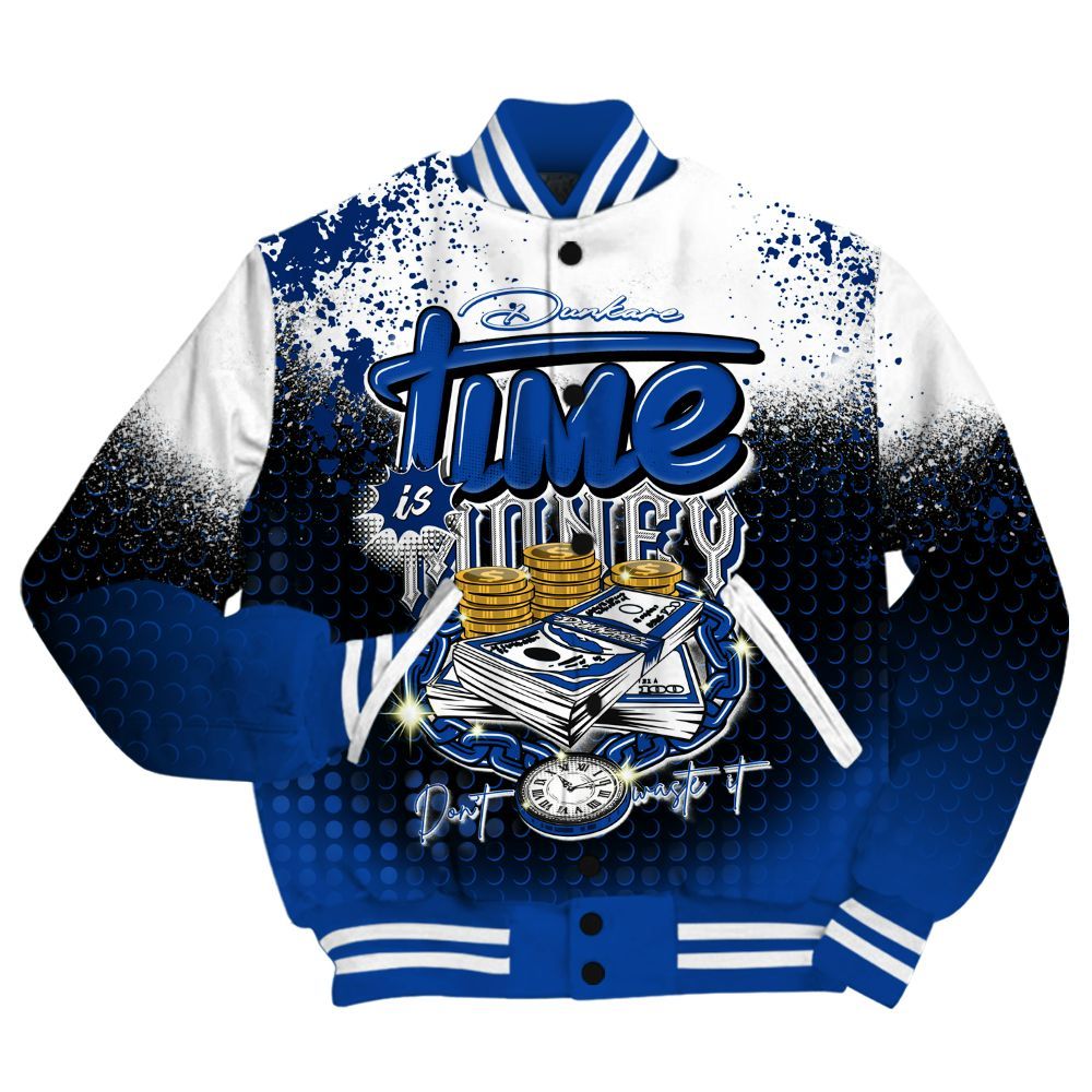 Varsity Jacket To Match Low Game Royal 1s Shirt, Halftone Time Is Money All Over Print