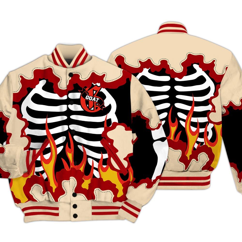 Varsity Jacket To Match Dunk Low Strawberry Waffle - G.O.A.T 23 Skeleton Flame Baseball Varsity Jacket Outfit