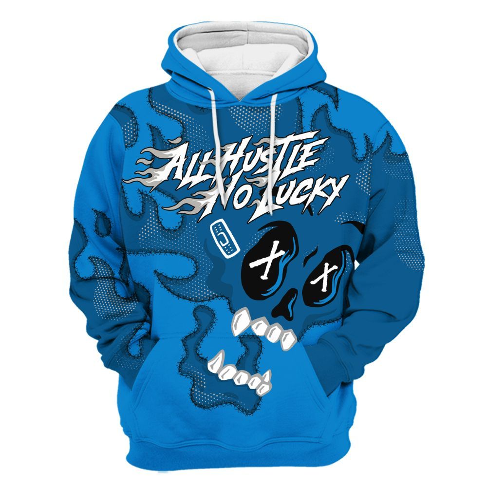 Hoodie To Match Industrial Blue 4s - All Hustle No Lucky Skull Military Blue 4s All Over Print