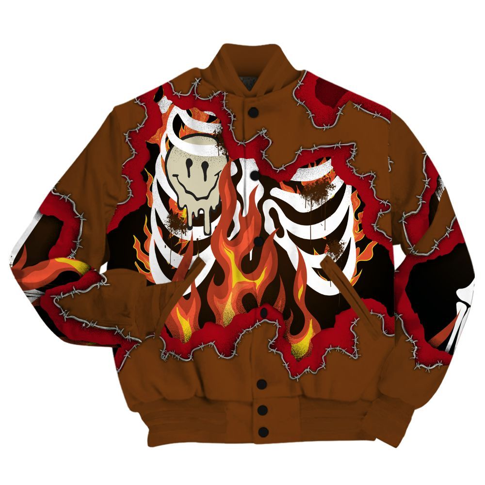 Varsity Jacket To Match Archaeo Brown 5s Shirt, Skeleton On Fire Skrrt All Over Print
