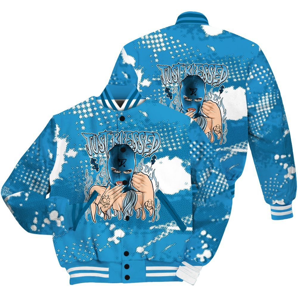 Varsity Jacket To Match Powder Blue 9s Shirt - Blessed!! Smoke Dot All Over Print