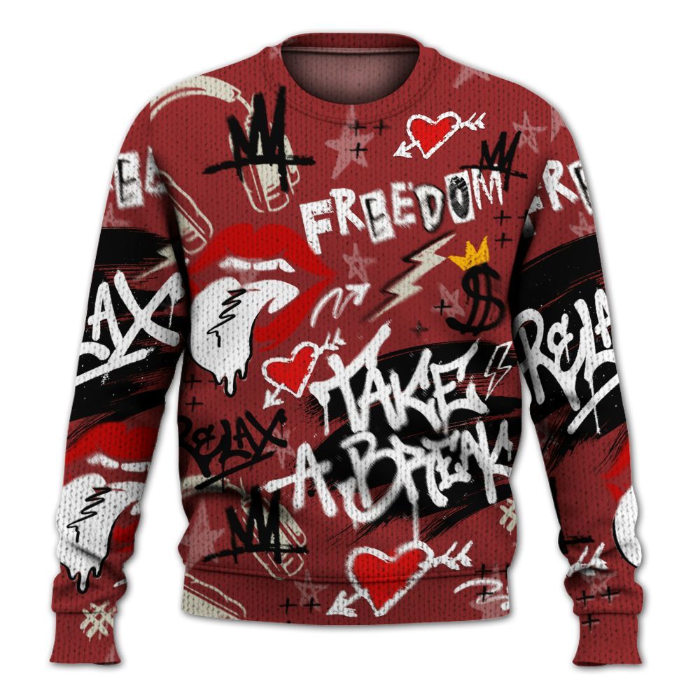 Knitted Sweater To Match High 85 Bred 1s - Take Break Freedom Graffiti Streetwear