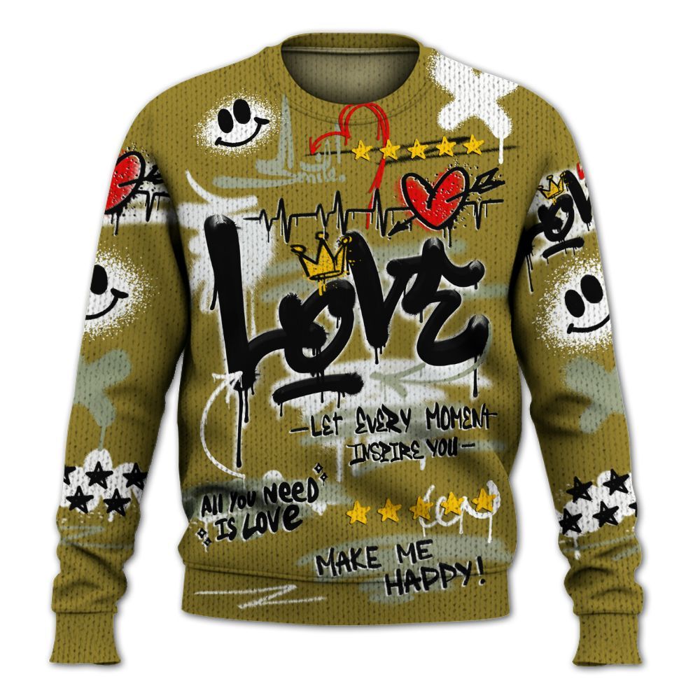 Knitted Sweater To Match Air Flightposite Metallic Gold - Happy Love Beats Graffiti Streetwear
