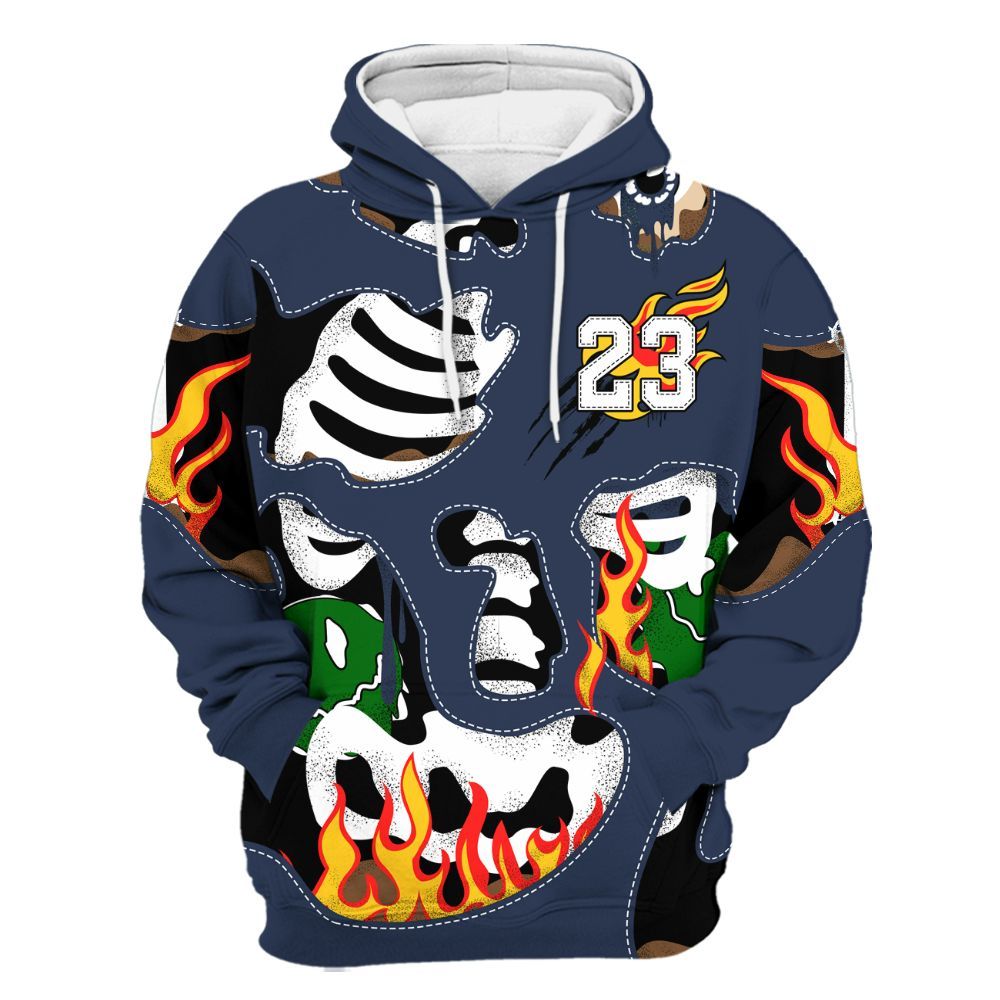 Hoodie To Match Midnight Navy 13s - Skeleton Smile Flame Drip All Over Print
