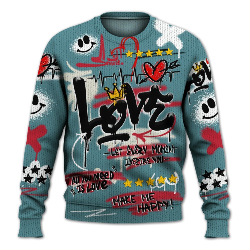 Knitted Sweater To Match Dunk Low Denim Turquoise Royal - Happy Love Beats Graffiti Streetwear
