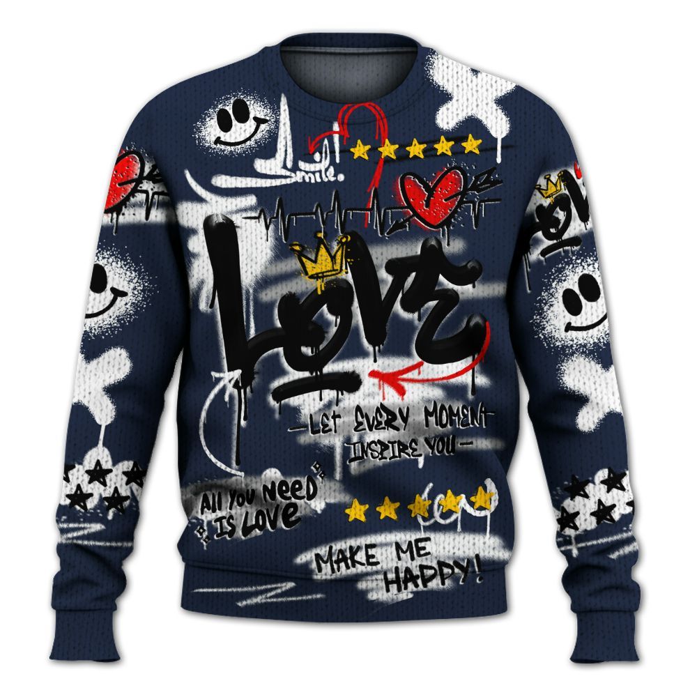 Knitted Sweater To Match Dunk Low White Midnight Navy - Happy Love Beats Graffiti Streetwear