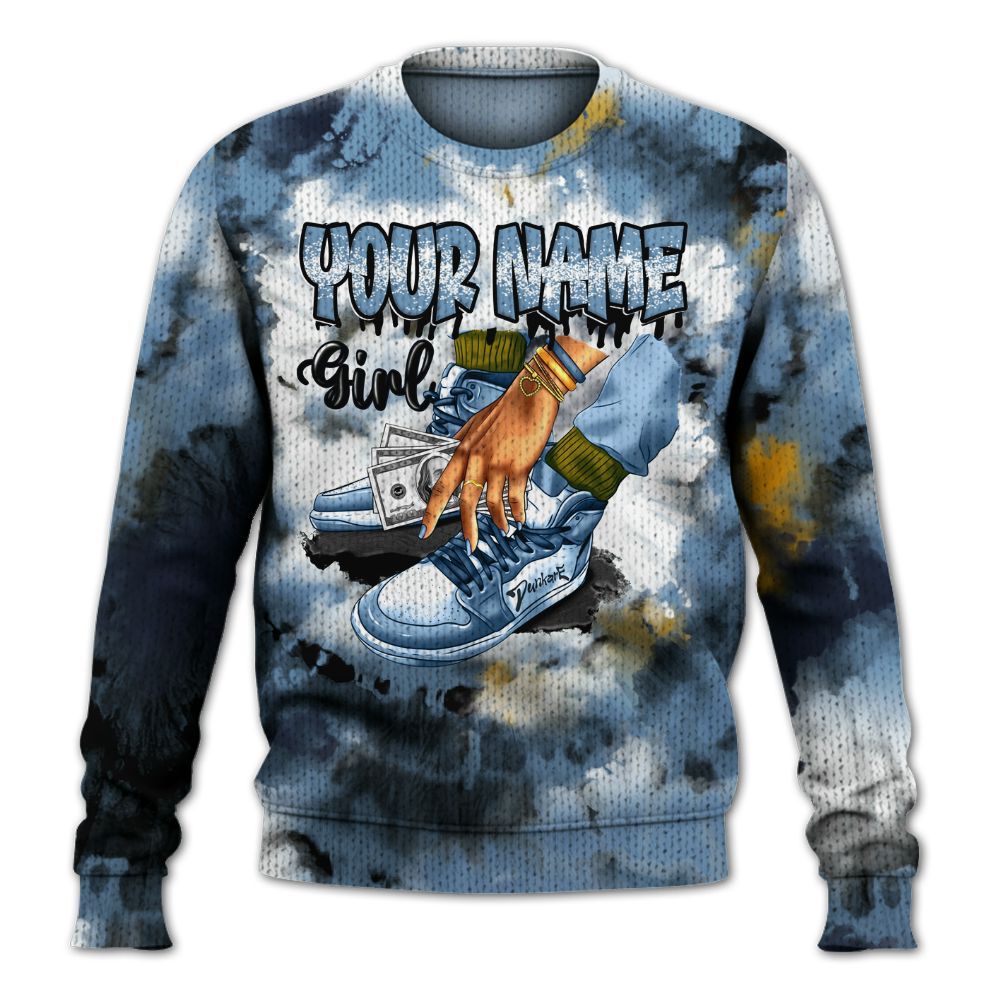 Knitted Sweater To Match High OG First In Flight 1s - Custom Name SNEAKER Girl Money Drip Tie Dye