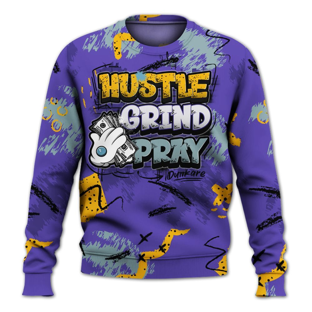 Sweatshirt To Match Imperial Purple 4s - Hustle Grind Pray Graphic Street Style All Over Print