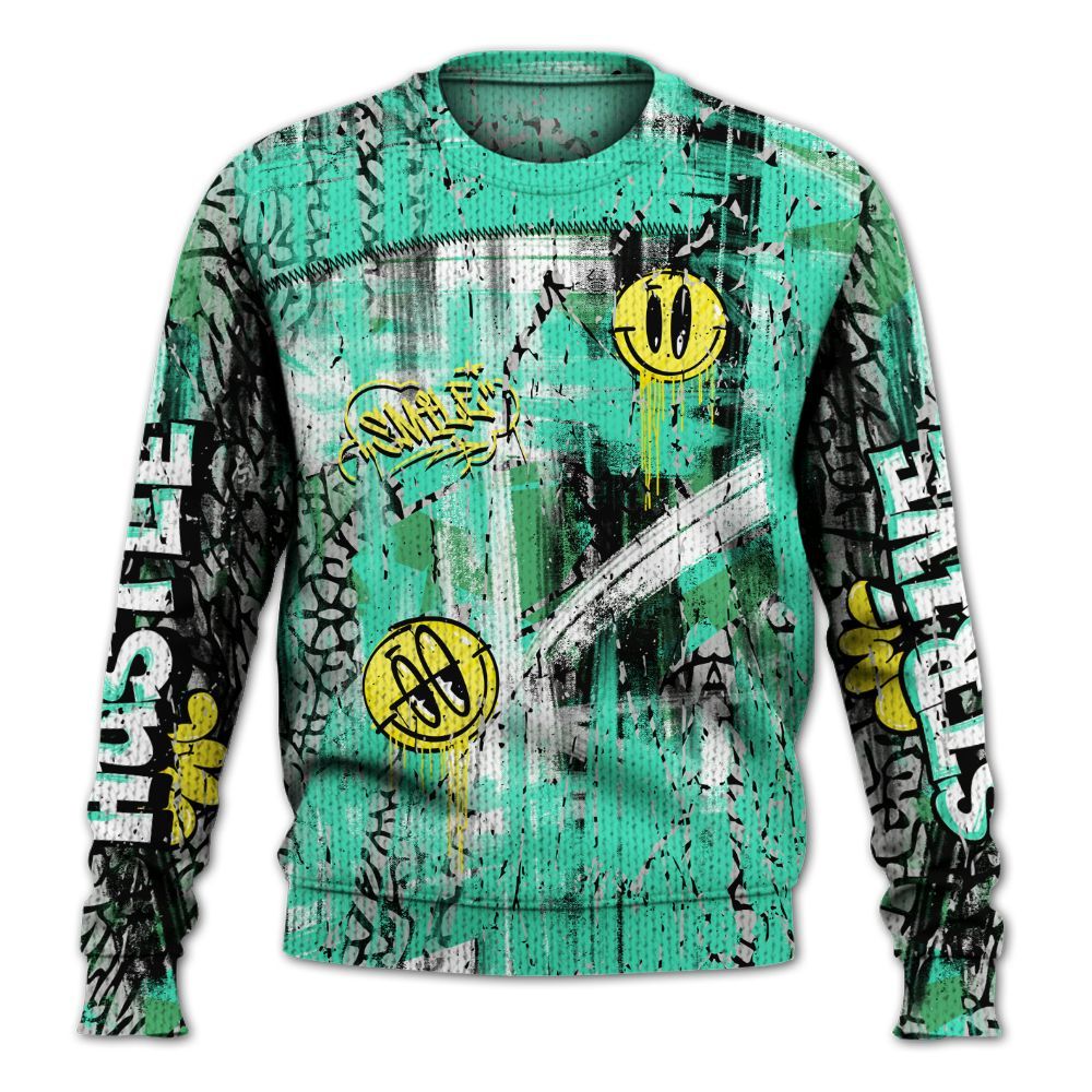 Knitted Sweater To Match Black Green Glow 3s - Money Skull Smile Fire Green Glow 3s