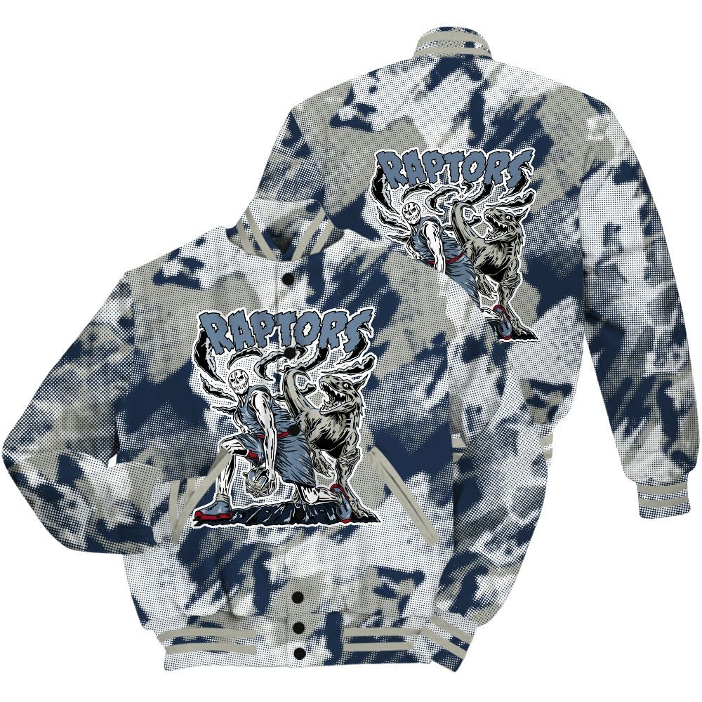 Varsity Jacket To Match White Midnight Navy 6s Shirt - Raptors Skeleton Abstract Halftone All Over Print