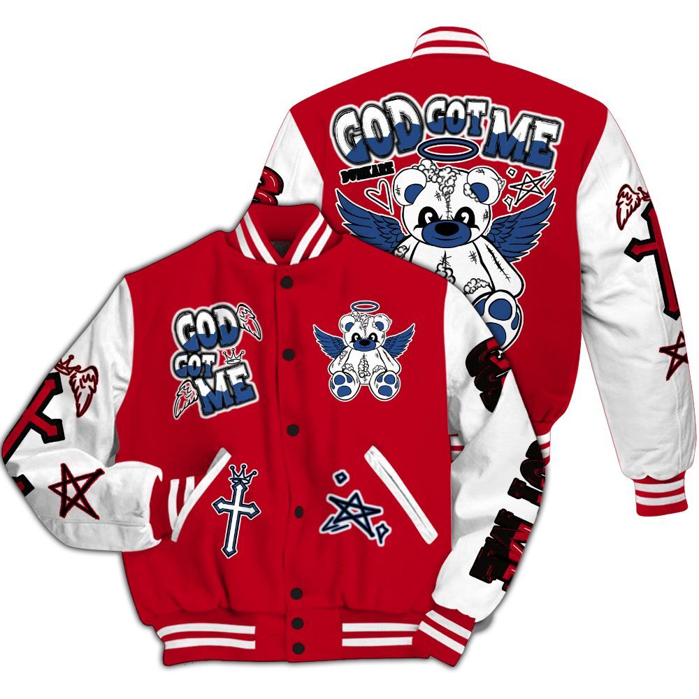 Varsity Jacket To Match Air Griffey Max Black Red Navy Blue 1s - Gods Guides Me Bear All Over Print