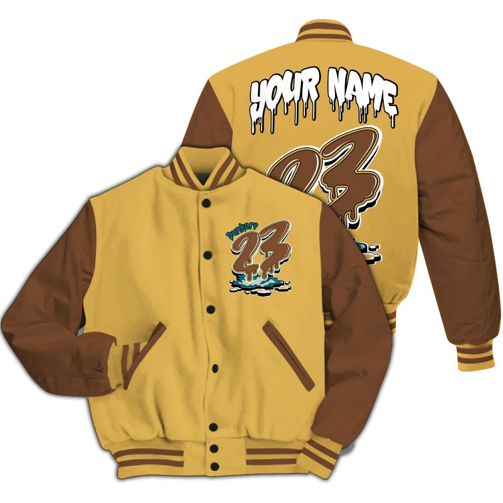Varsity Jacket To Match Retro Cacao Wow 4s - Custom Name 23 Drip All Over Print