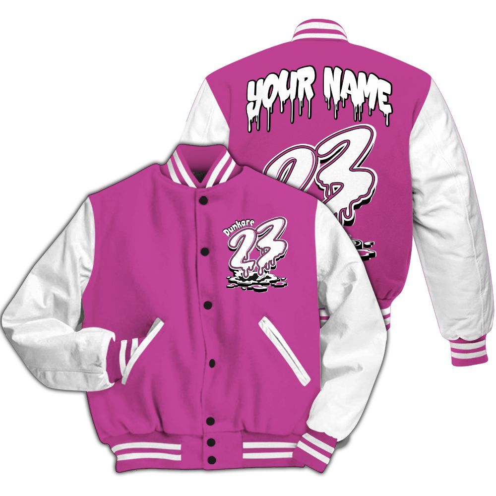 Varsity Jacket To Match Dunk Low Active Fuchsia - Custom Name 23 Drip All Over Print