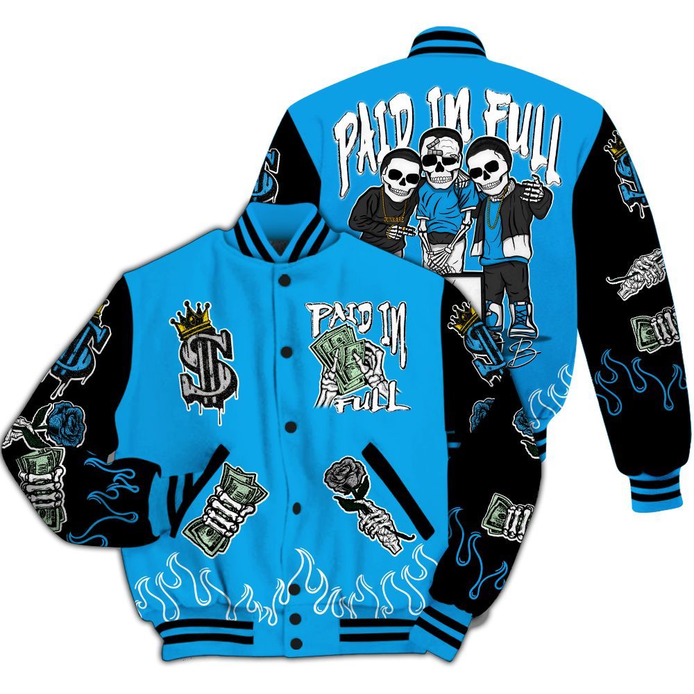 Varsity Jacket To Match Black University Blue 2022 13s - Fire Everybody Paid In All Over Print