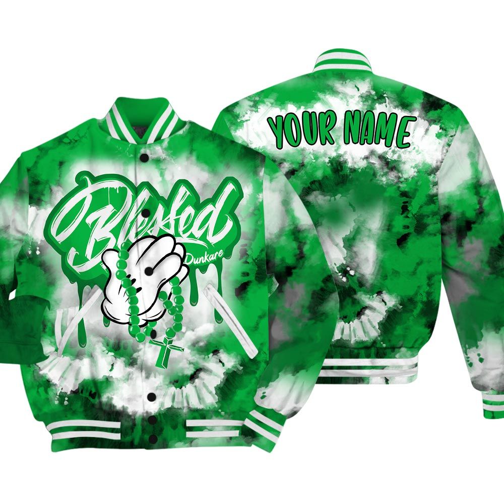 Varsity Jacket To Match Varsity Streetwear God Blessed Drip Tie Dye, Lucky Green 5s T-Shirt, To Match Sneaker Lucky Green 5s Baseball Varsity Jacket 1704 NCT