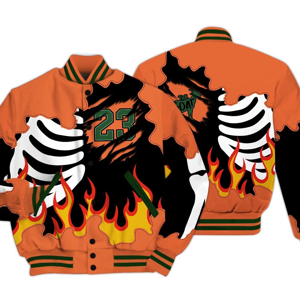 Varsity Jacket To Match Low Miami 5s - Burning Skeleton 23 G.O.A.T Baseball Varsity Jacket Outfit