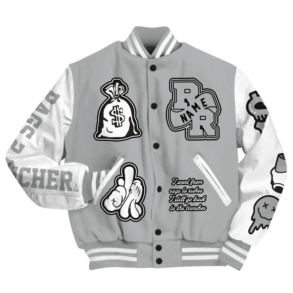 Varsity Jacket To Match Cement Grey 3s - Rag 2 Rich Graphic Custom Name All Over Print