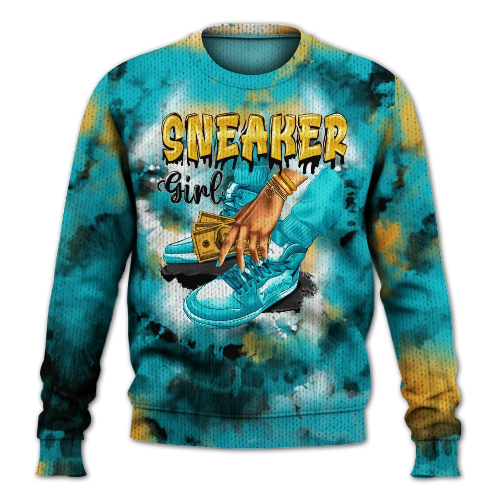 Knitted Sweater To Match Retro Aqua 5s - SNEAKER Girl Money Drip Tie Dye