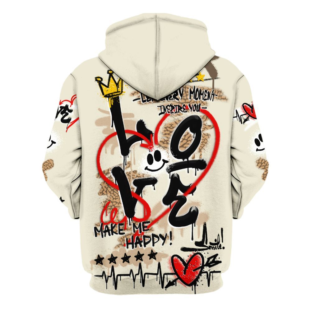 Hoodie To Match Orewood Brown 3s - Happy Love Beats Graffiti Streetwear All Over Print