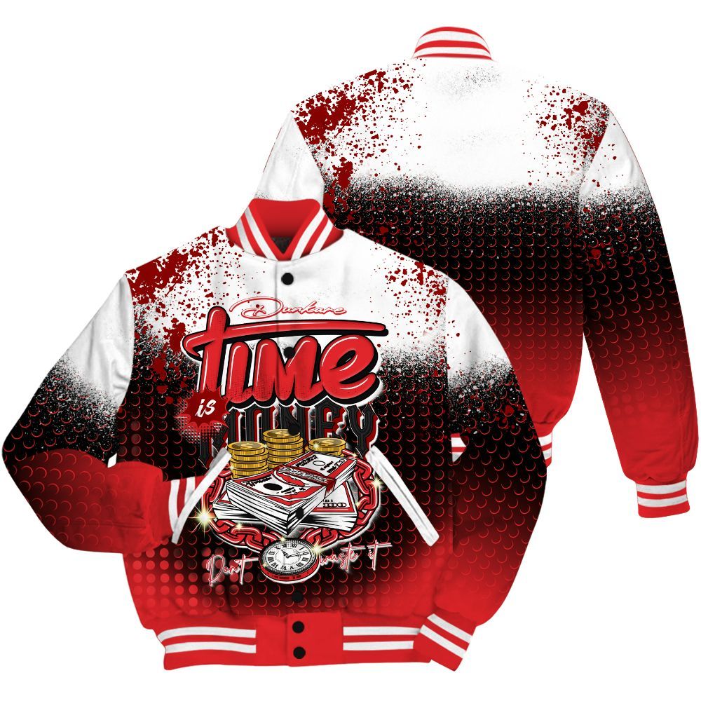 Varsity Jacket To Match Chile Red 9s Shirt, Halftone Time Is Money All Over Print