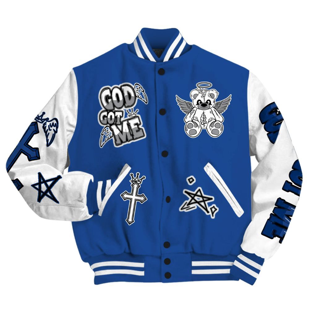 Varsity Jacket To Match High OG True Blue 1s - Gods Guides Me Bear All Over Print