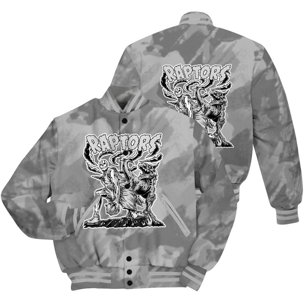 Varsity Jacket To Match Black Wolf Grey 12s Shirt - Raptors Skeleton Abstract Halftone All Over Print