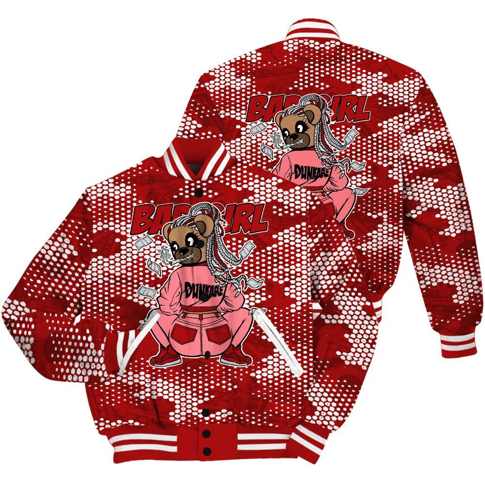 Varsity Jacket To Match Red Taxi 12s Shirt - Rebellious Girl Bear Banknotes Art All Over Print