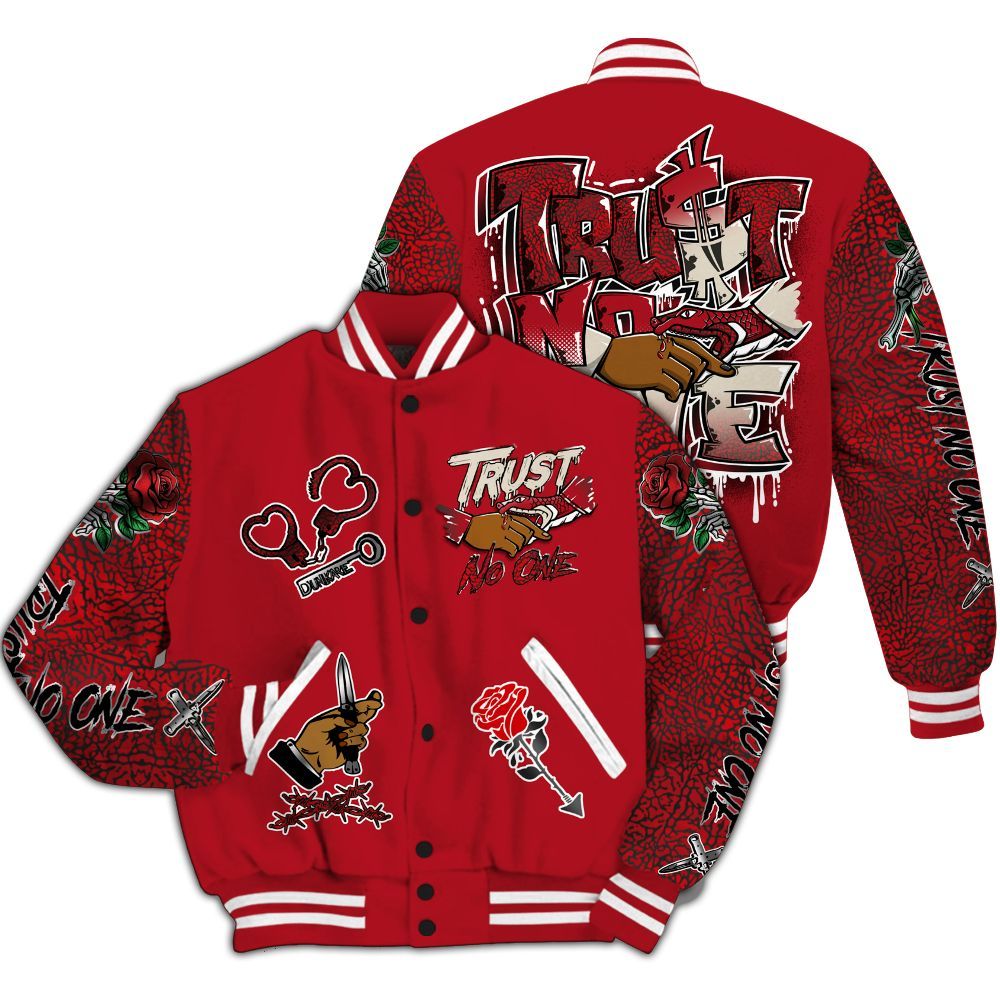 Varsity Jacket To Match Mid Red Cracked Leather 1s - Trust No One Dripping All Over Print