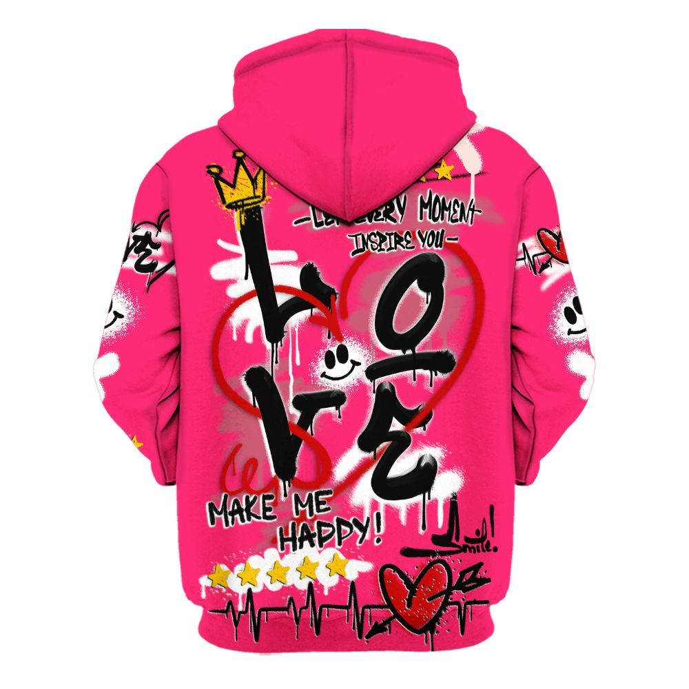Hoodie To Match A'One Hyper Pink Shirt, Happy Love Beats Graffiti Streetwear All Over Print